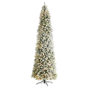 10'Slim Flocked Montreal Fir Artificial Christmas Tree with 800 Warm White LED Lights and 2420 Bendable Branches