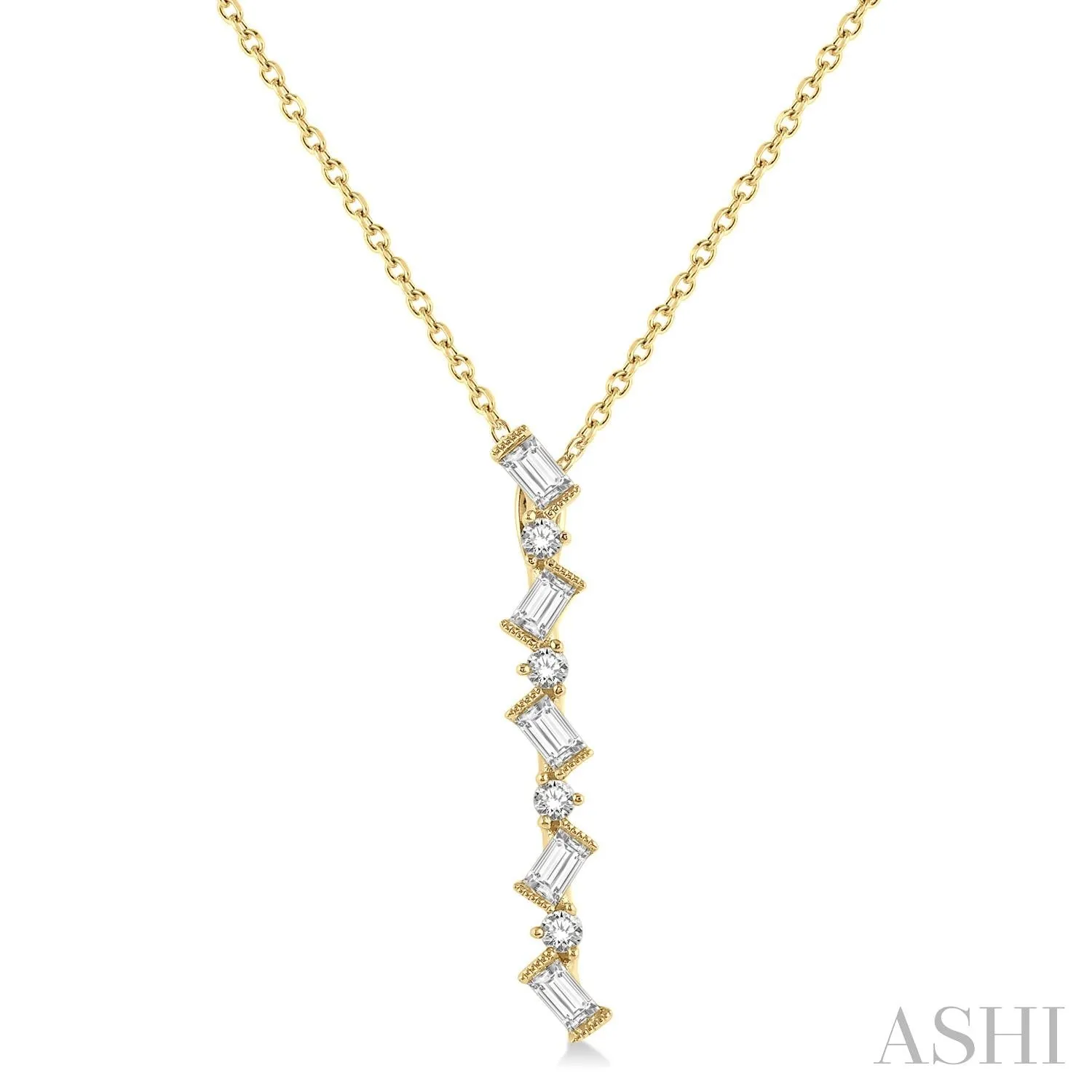 14KY Diamond Scatter Zig-Zag Baguette Fashion Pendant w/ 0.30 ctw & 18" Chain