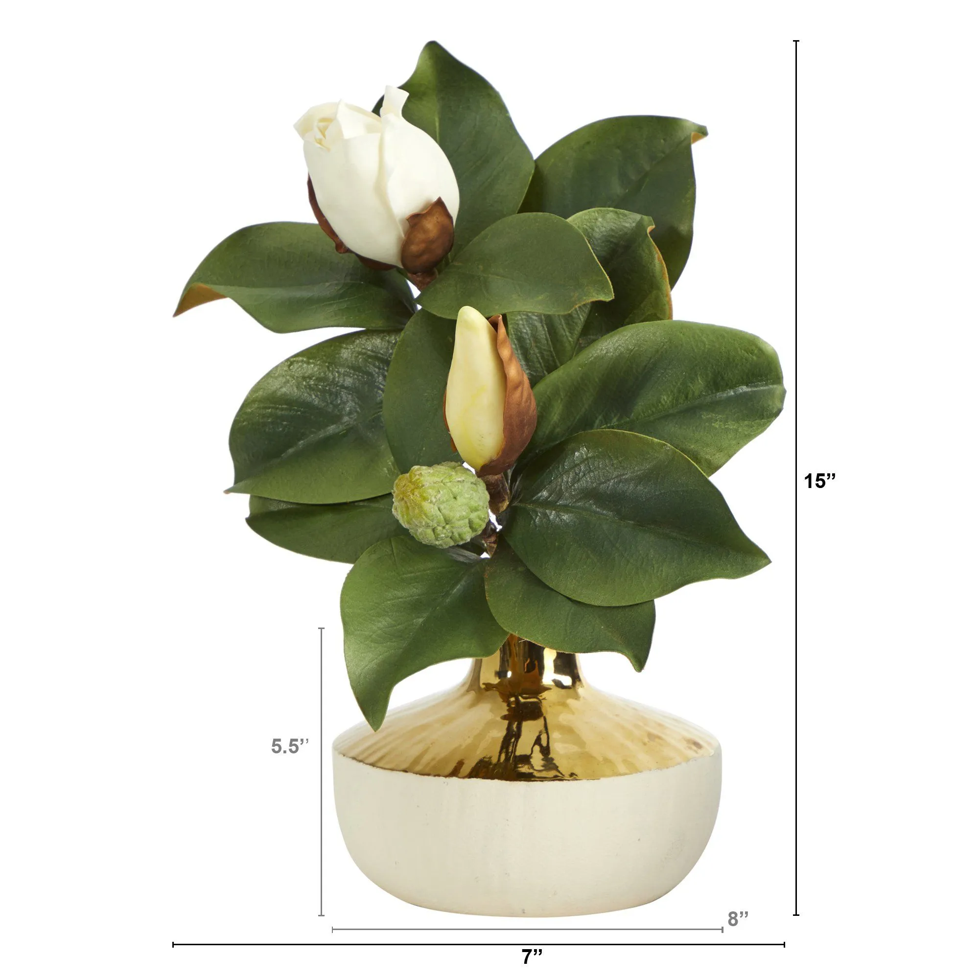 15” Magnolia Artificial Plant in Gold and Cream Elegant Planter