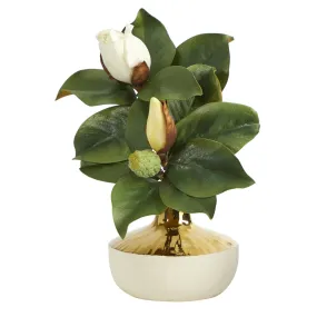 15” Magnolia Artificial Plant in Gold and Cream Elegant Planter