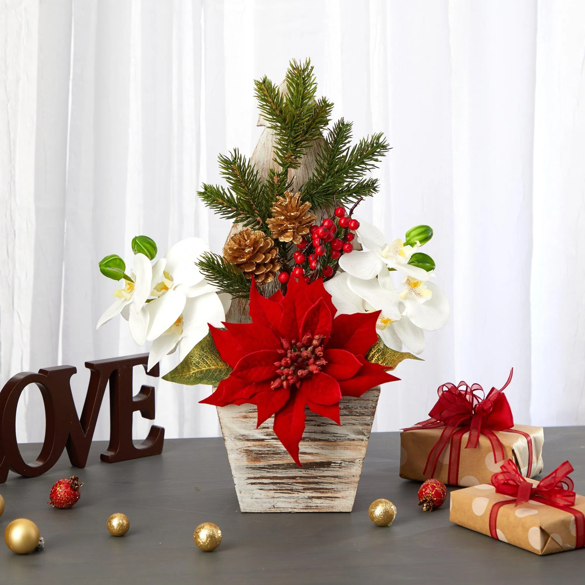 15” Poinsettia and Orchid Artificial Arrangement in Christmas Tree Vase