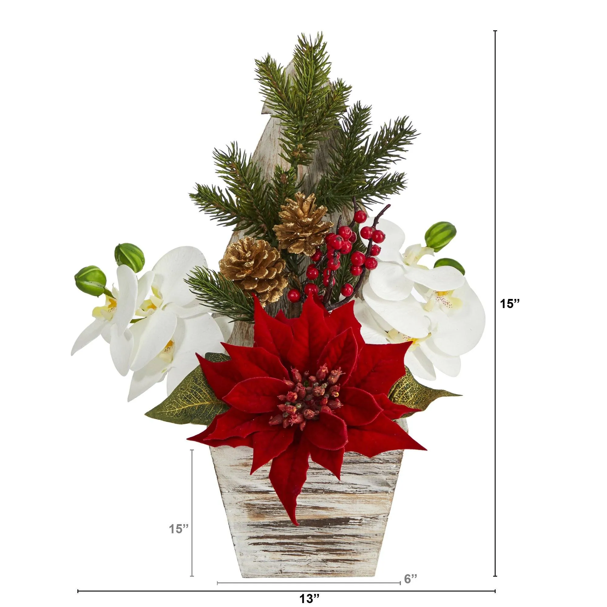 15” Poinsettia and Orchid Artificial Arrangement in Christmas Tree Vase