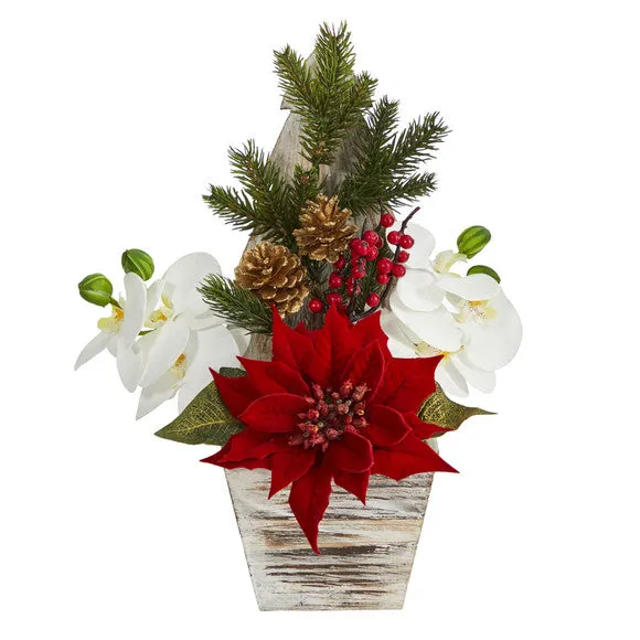 15" Artificial Poinsettia & Orchid Arrangement in Christmas Tree Vase - Low Maintenance, Life-Like & Vibrant Silk Flowers For Busy People.