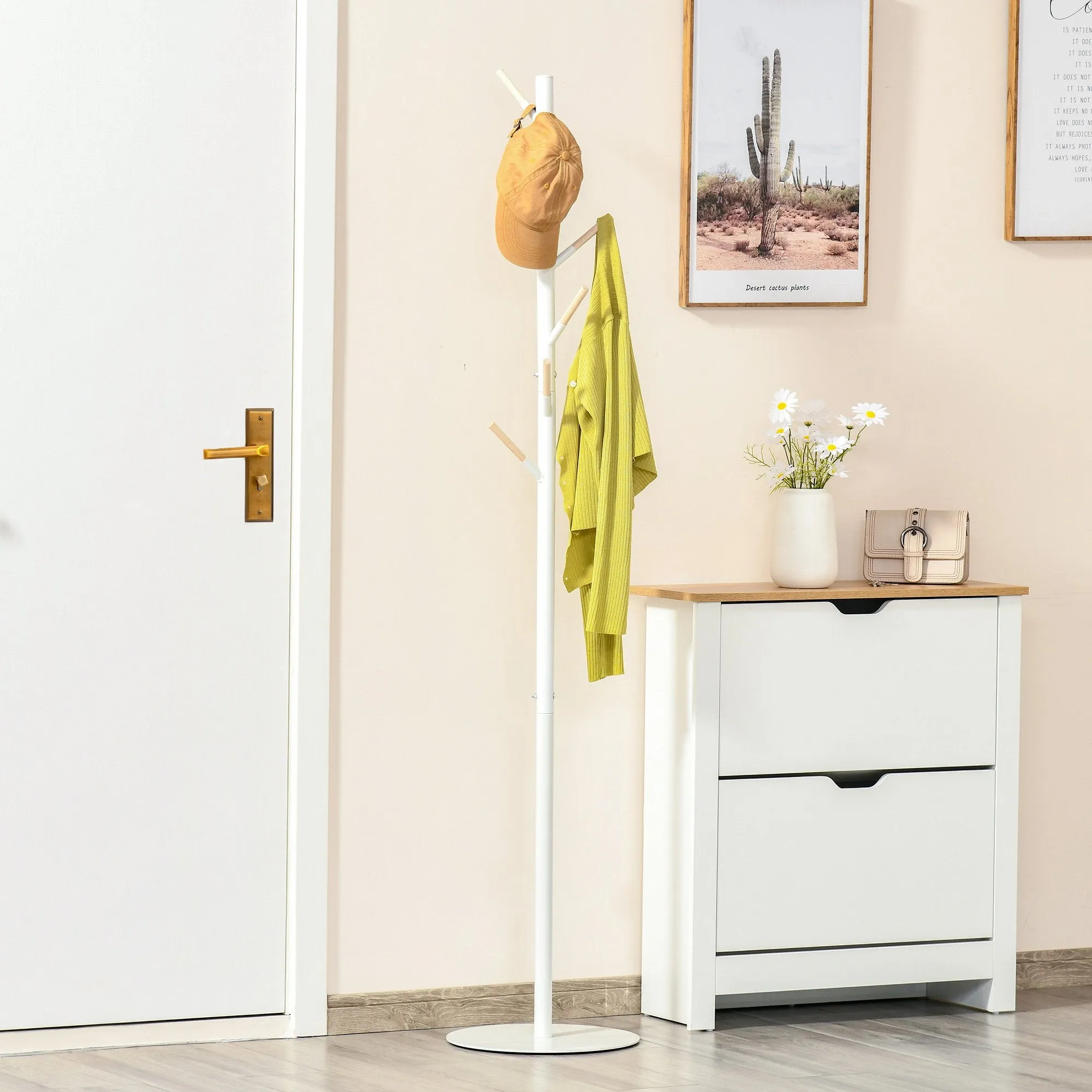 174cm Free Standing Coat Rack Stand With 6 Hooks Clothes Tree Hat Display Hall Tree Hanger Hanging Organizer For Hallway Bedroom Living Room White