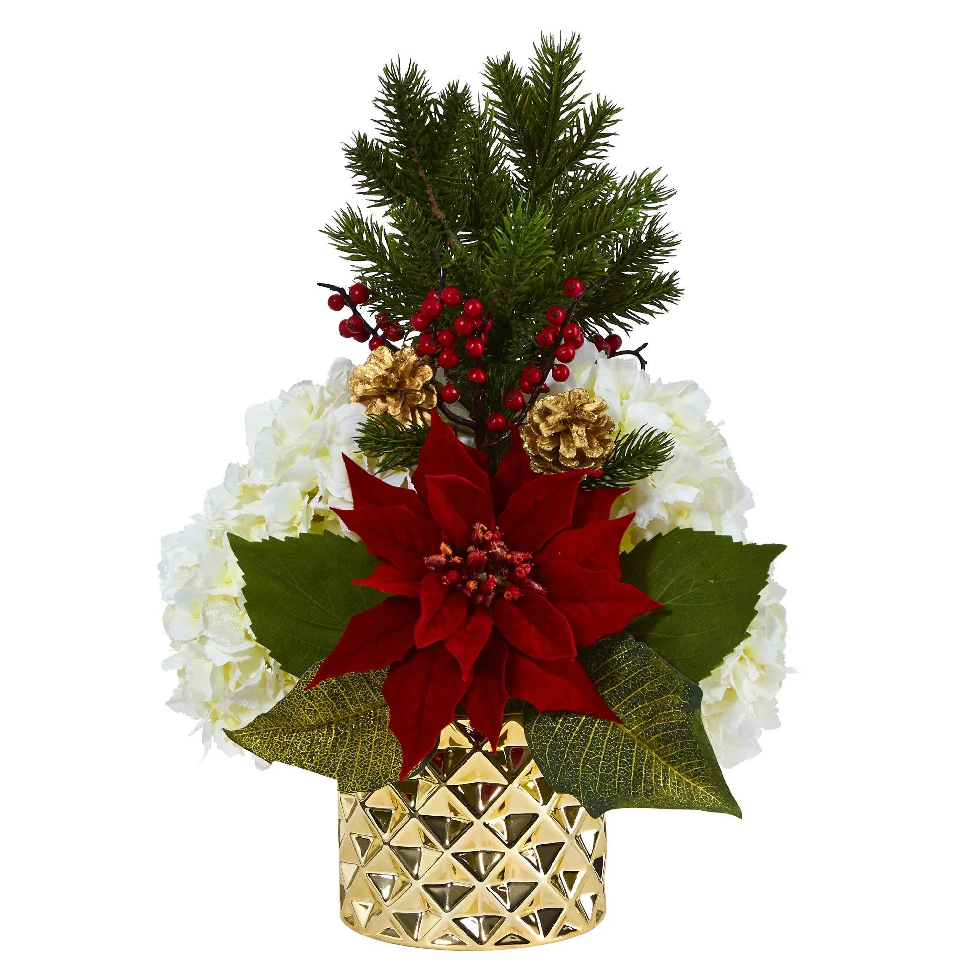 18” Hydrangea, Poinsettia, Berry and Pine Artificial Arrangement in Gold Vase