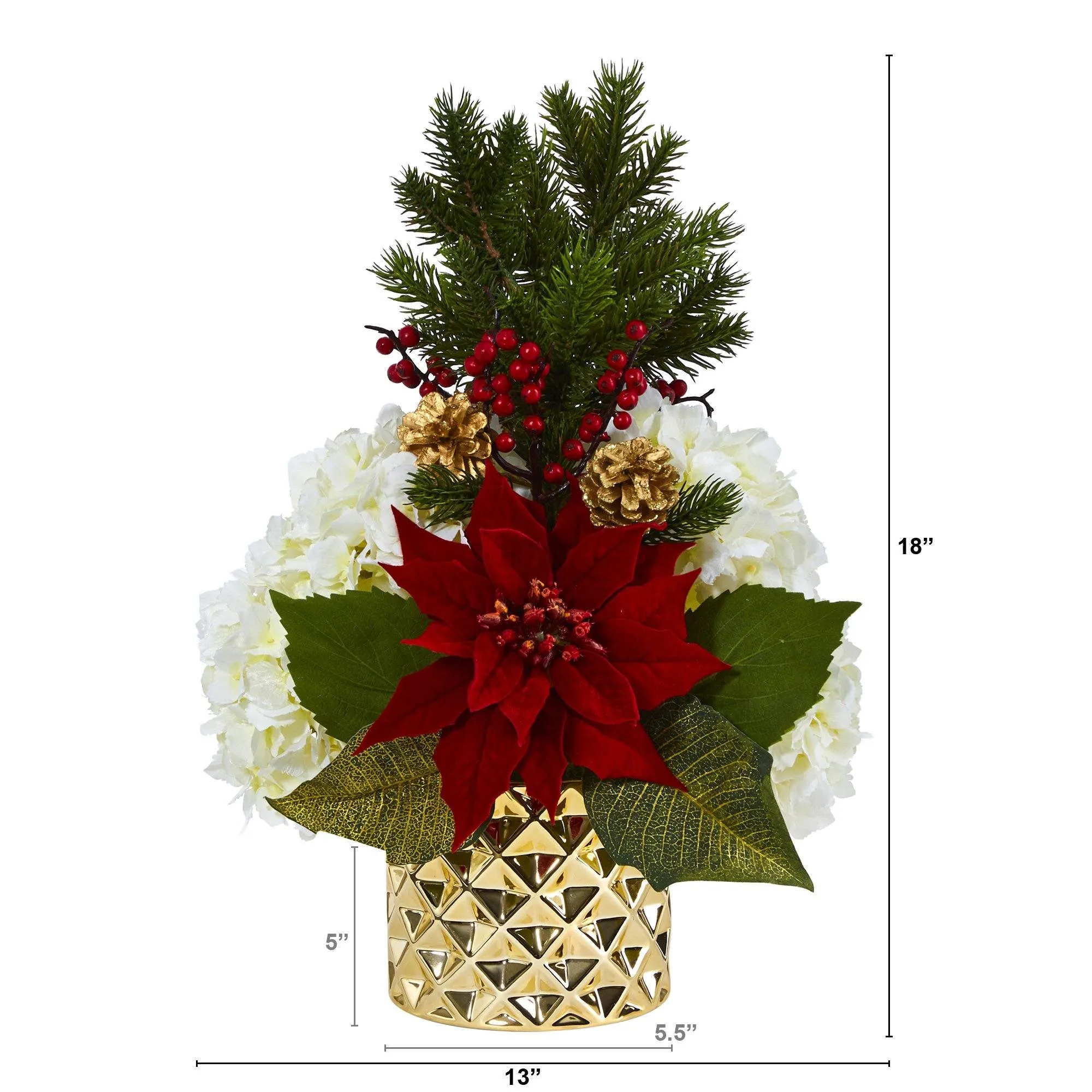 18” Hydrangea, Poinsettia, Berry and Pine Artificial Arrangement in Gold Vase