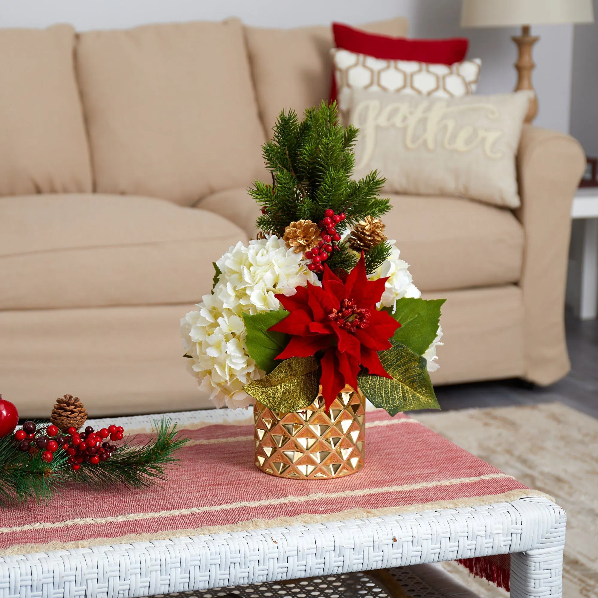 18” Hydrangea, Poinsettia, Berry and Pine Artificial Arrangement in Gold Vase