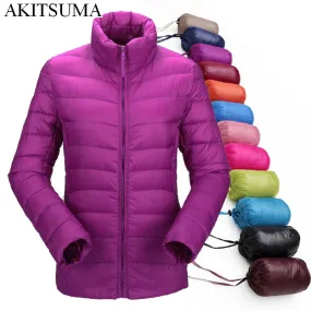 2017 women ultra light down jacket winter duck down jackets women slim thin long sleeve parka zipper coats pockets AKITSUMA