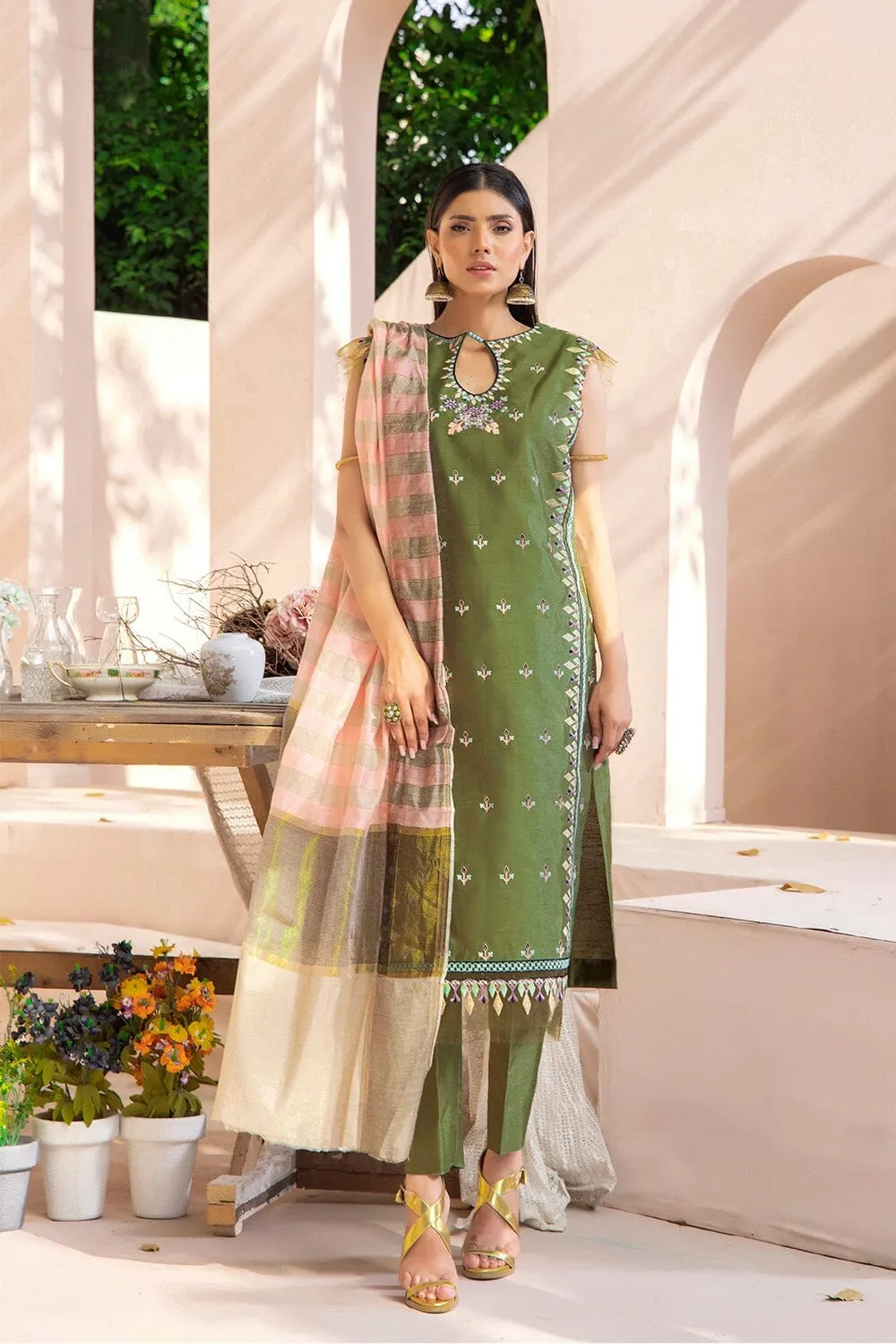 3PC Stitched Embroidered Faux Silk Suit KFSE-2327