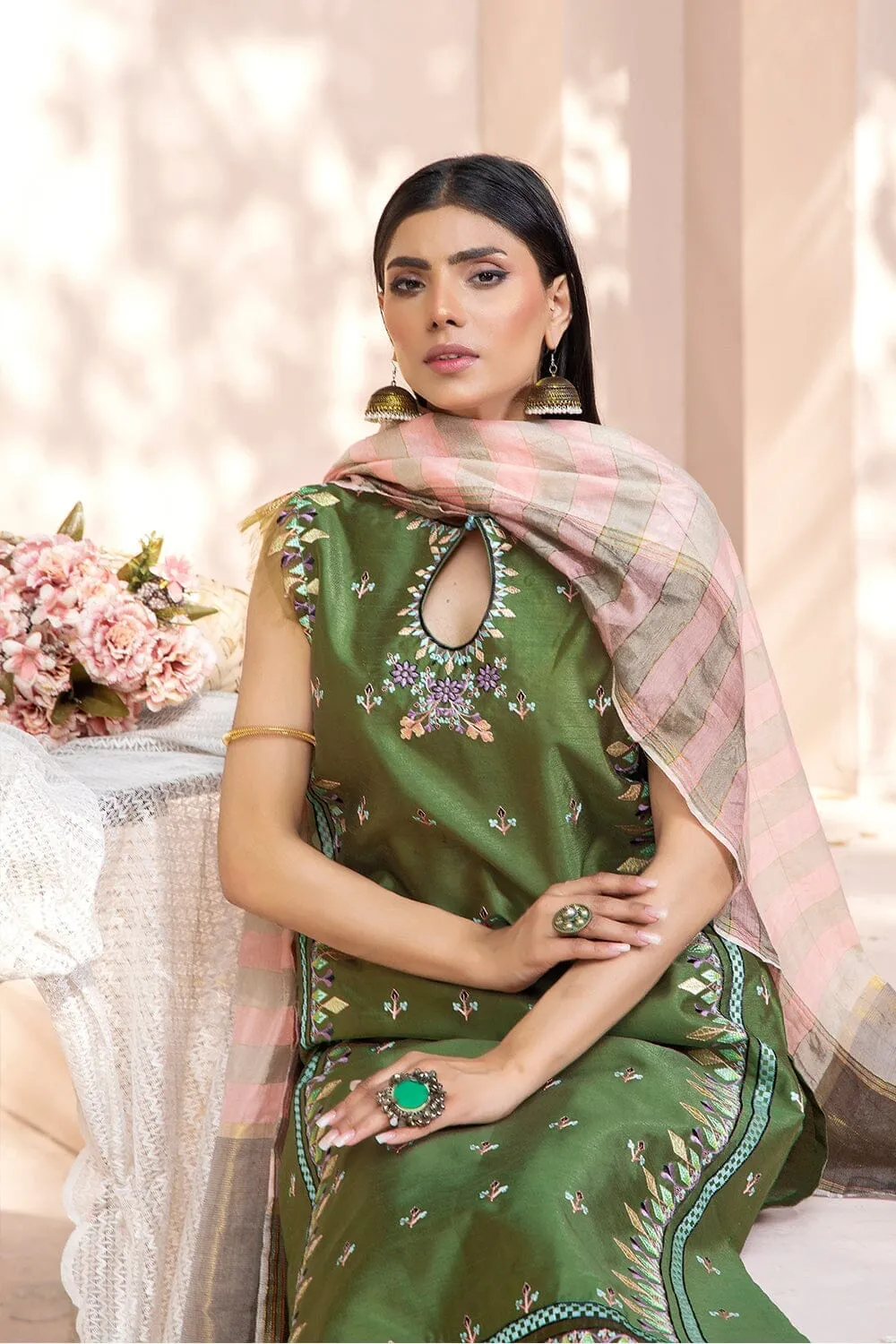 3PC Stitched Embroidered Faux Silk Suit KFSE-2327