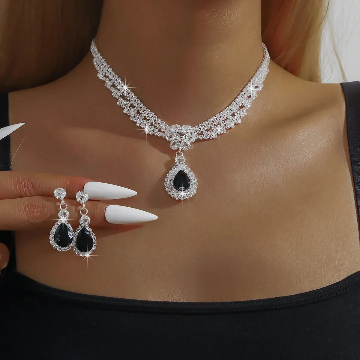 3PC Women's Fashion Crystal Chain Water Drop Necklace Earrings Jewelry Set