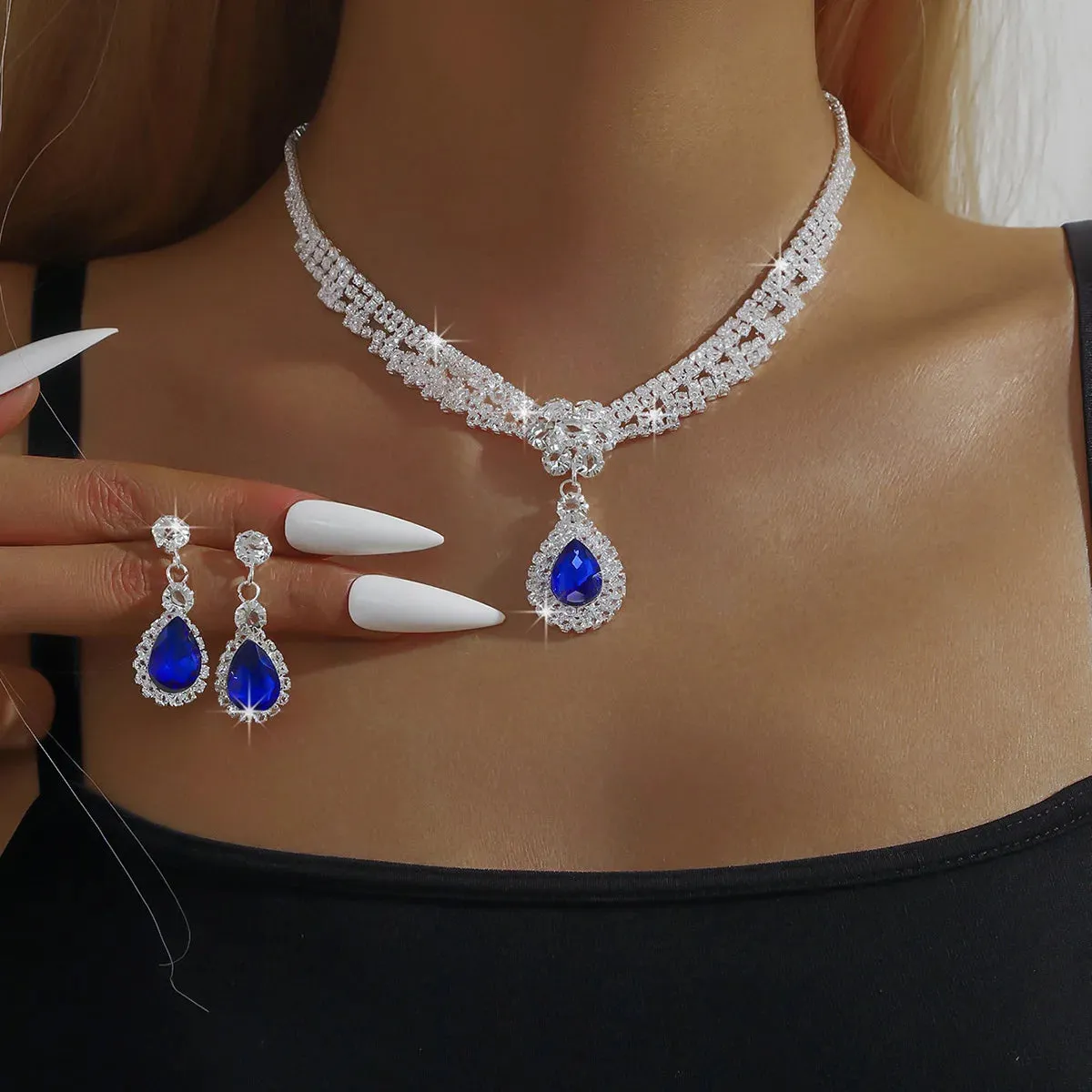 3PC Women's Fashion Crystal Chain Water Drop Necklace Earrings Jewelry Set