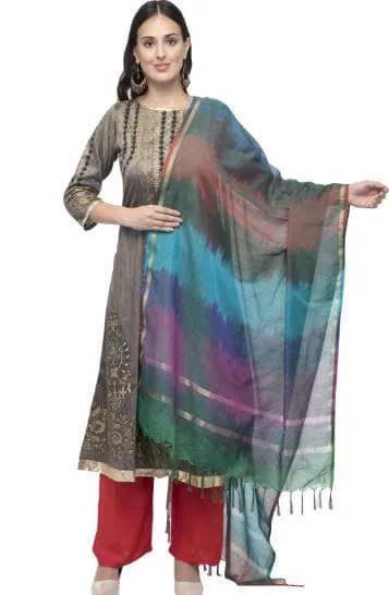 A R Silk Women's Katan Silk Multi Dye Multi Rainbow Regular Dupatta