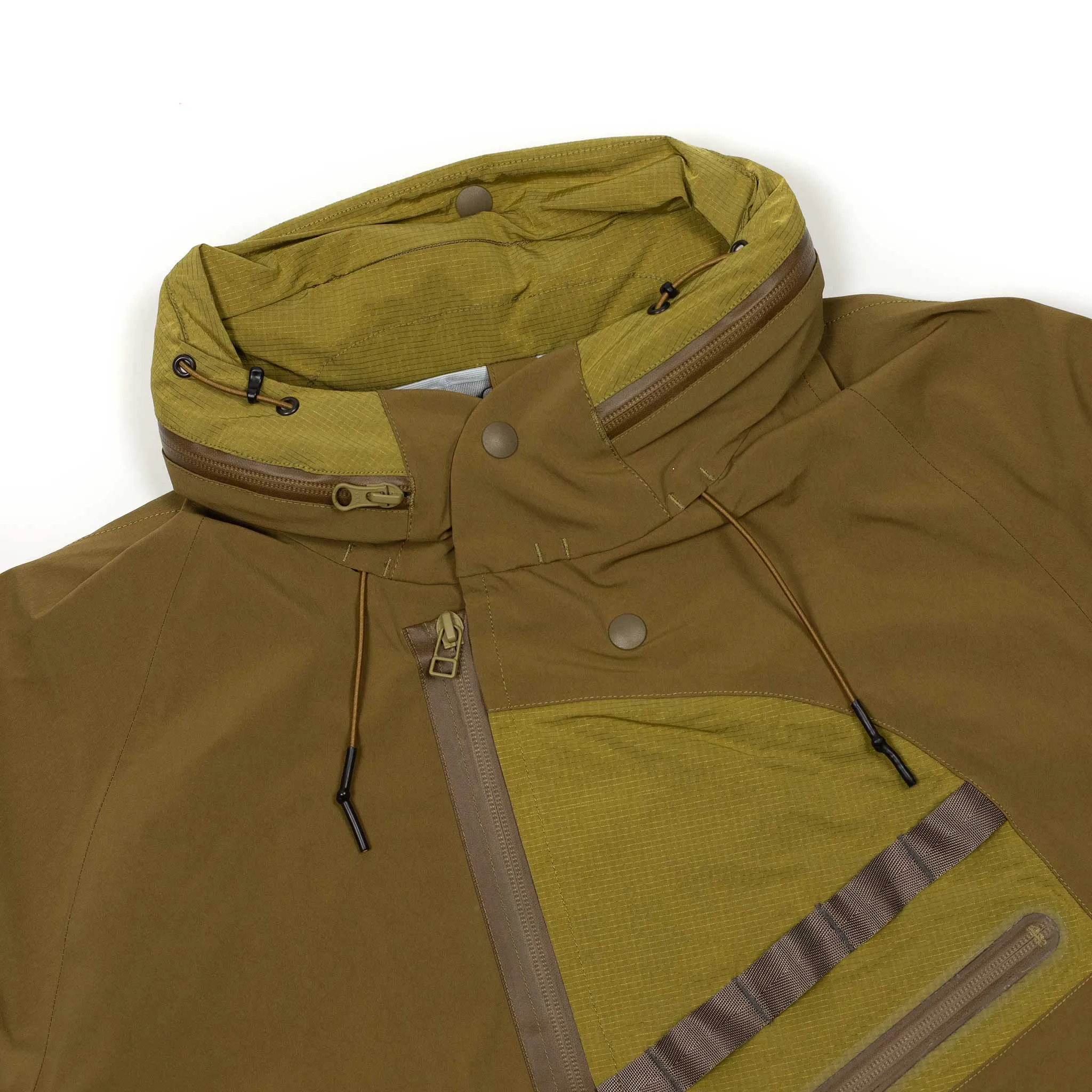 All-weather shell jacket in coyote brown and green nylon