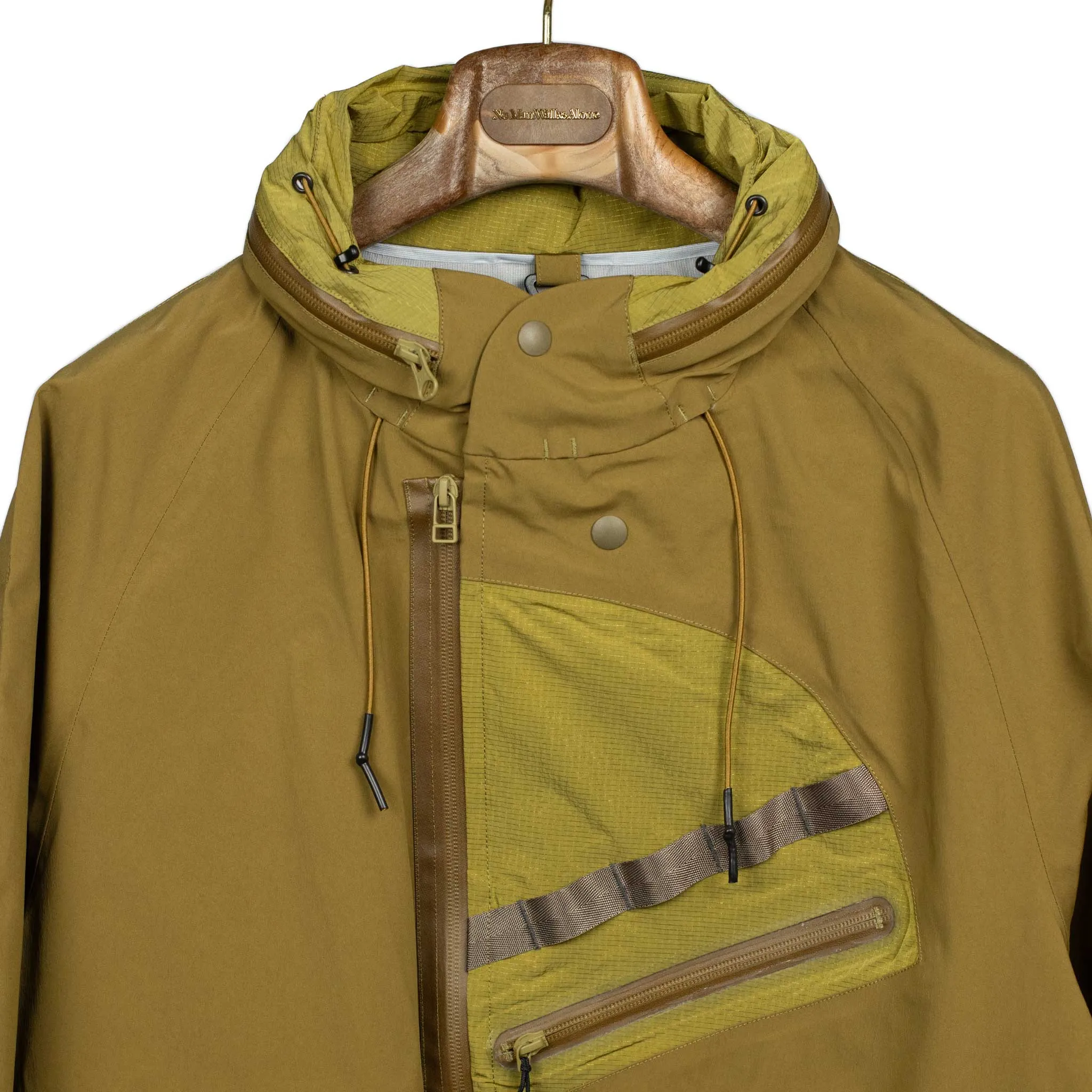 All-weather shell jacket in coyote brown and green nylon