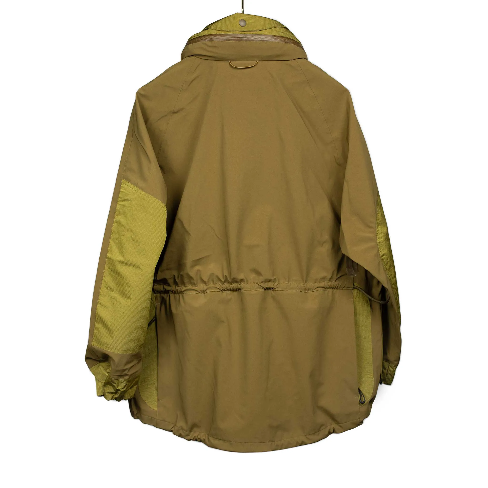 All-weather shell jacket in coyote brown and green nylon