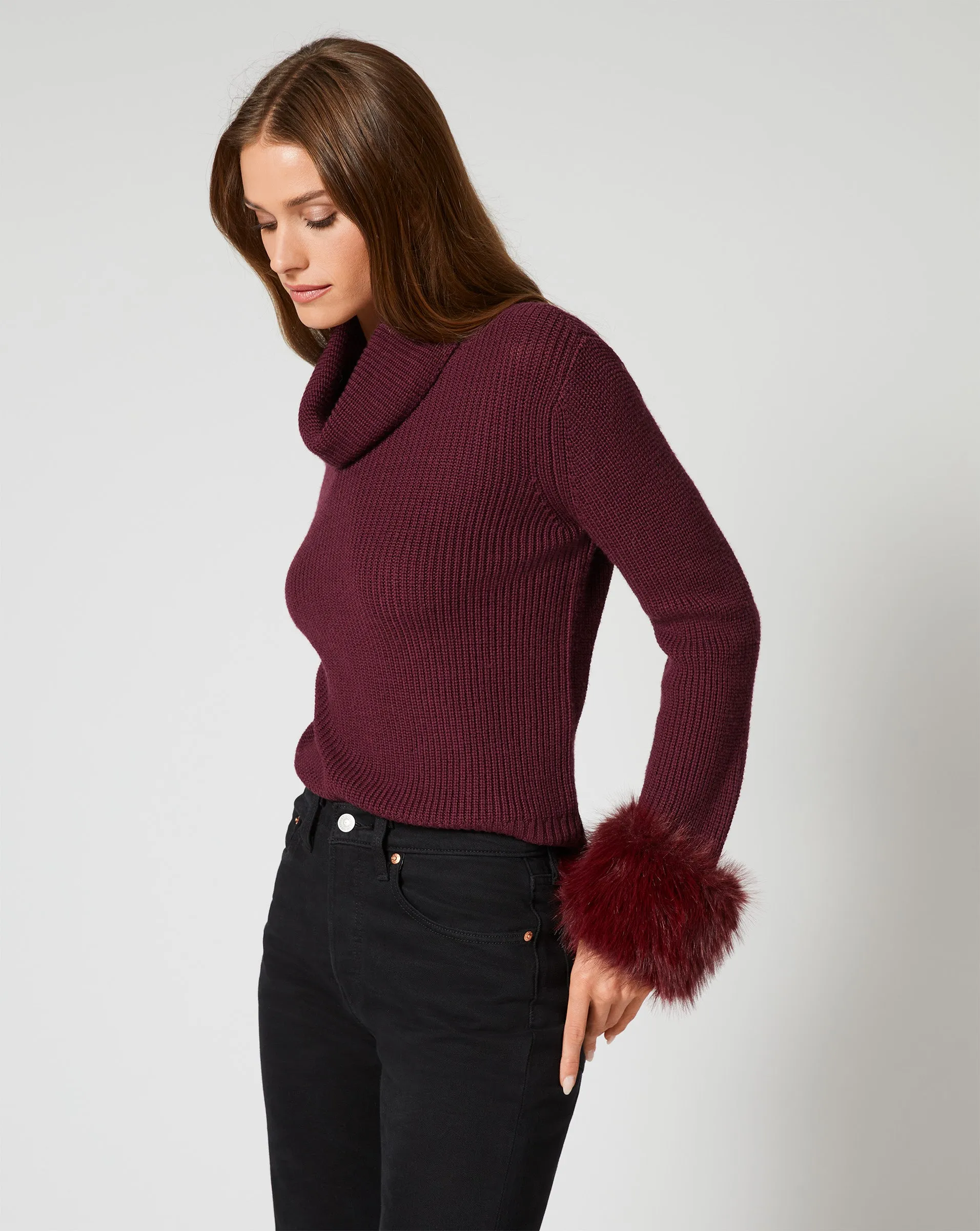 Alps Faux Fur Turtleneck Wool Sweater