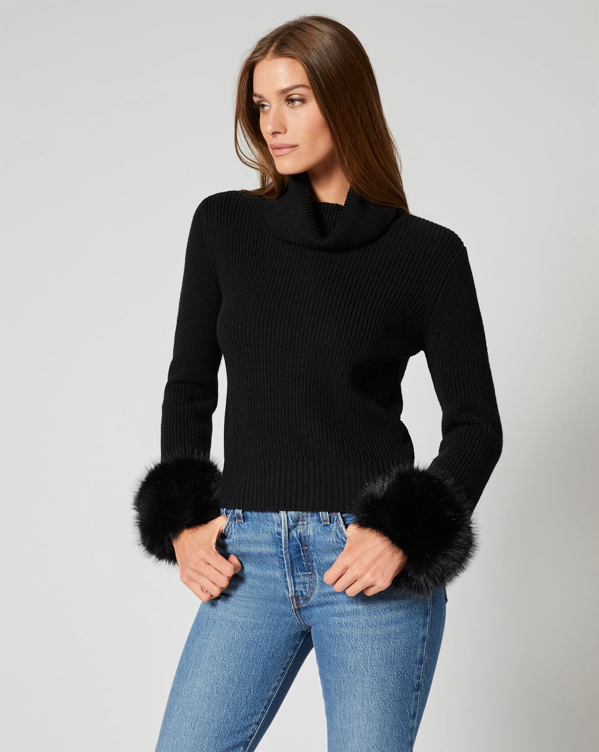 Alps Faux Fur Turtleneck Wool Sweater