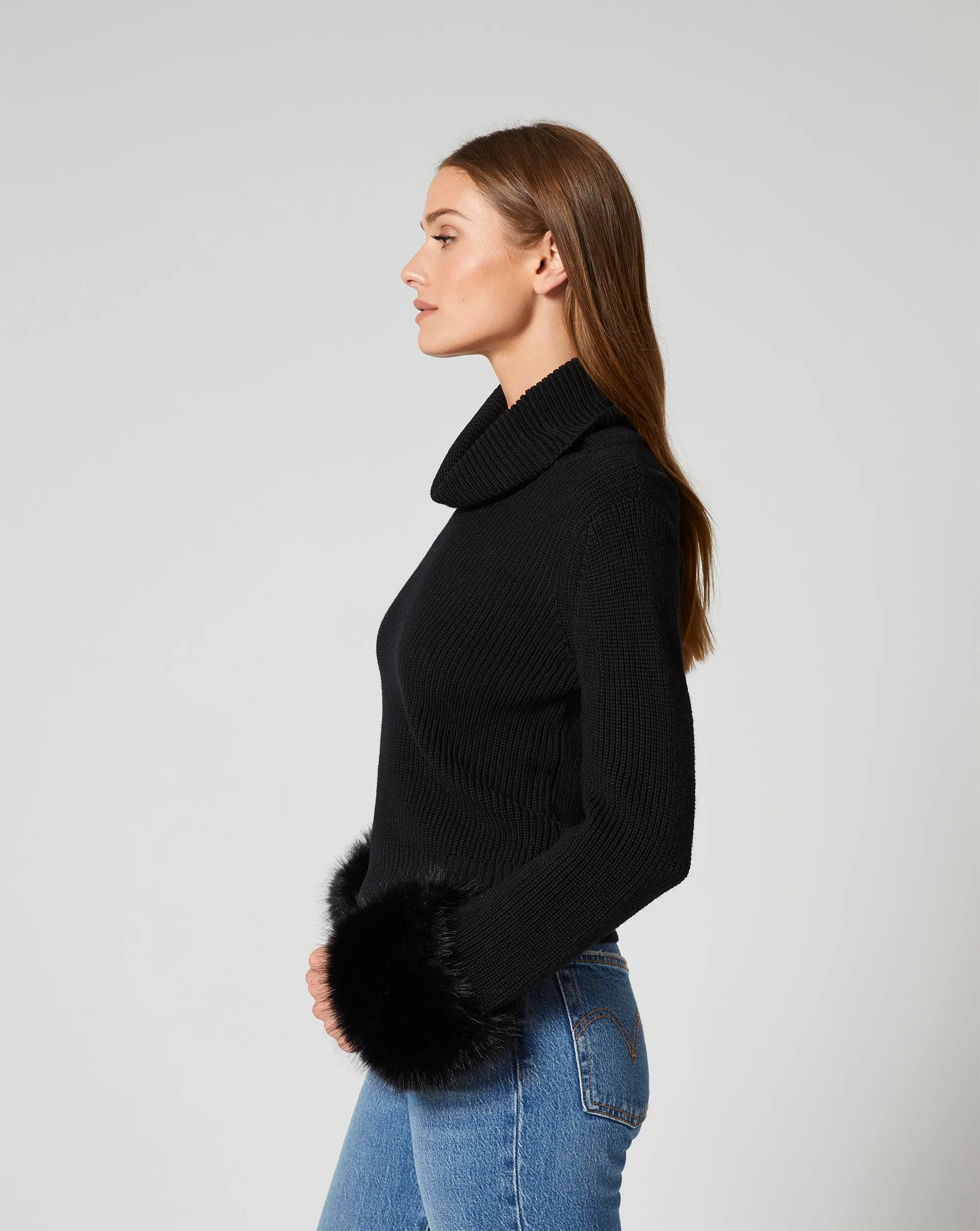 Alps Faux Fur Turtleneck Wool Sweater