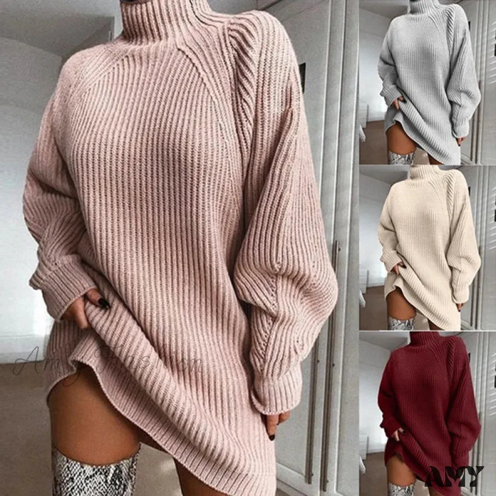 Amy Fashion - Solid Color Turtleneck Sweater Knitted Mini Dress