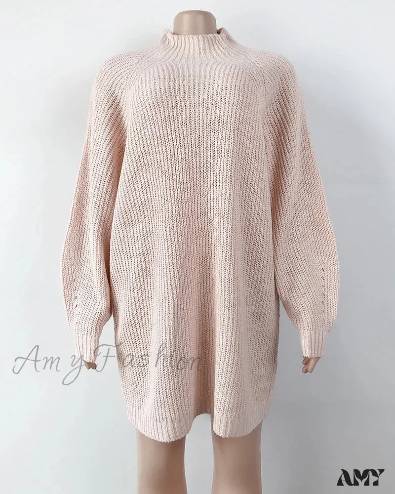 Amy Fashion - Solid Color Turtleneck Sweater Knitted Mini Dress