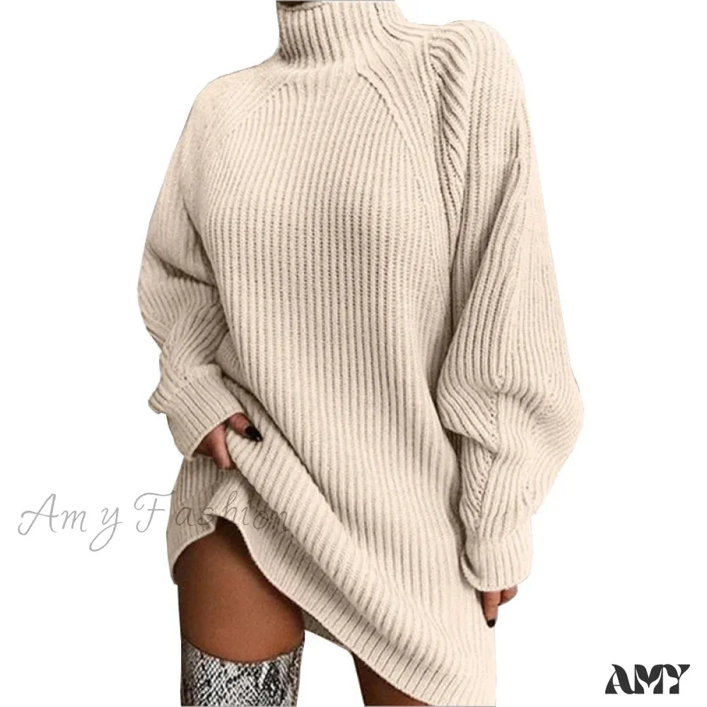 Amy Fashion - Solid Color Turtleneck Sweater Knitted Mini Dress