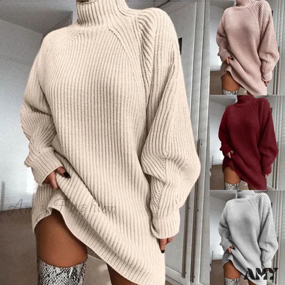 Amy Fashion - Solid Color Turtleneck Sweater Knitted Mini Dress