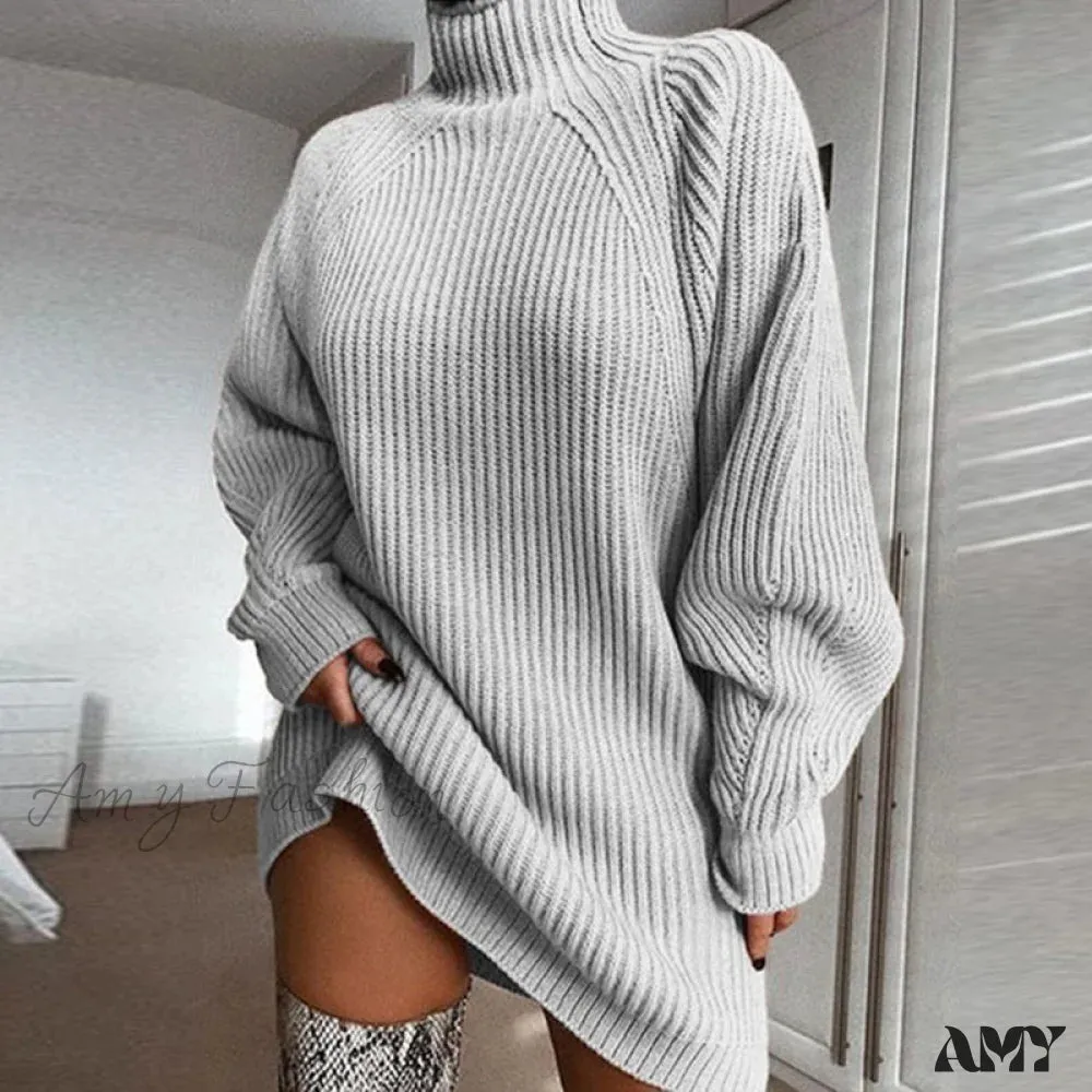 Amy Fashion - Solid Color Turtleneck Sweater Knitted Mini Dress