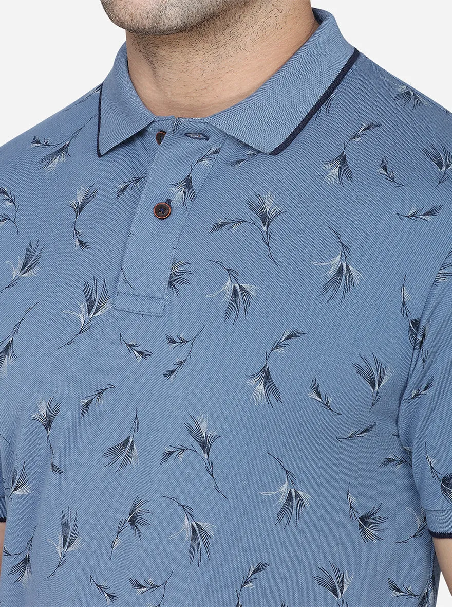 Aqua Blue Printed Slim Fit Polo T-Shirt | Greenfibre