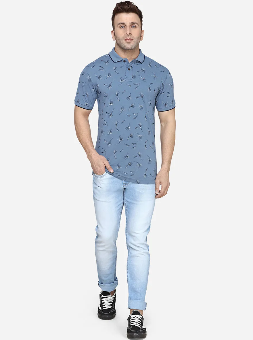 Aqua Blue Printed Slim Fit Polo T-Shirt | Greenfibre