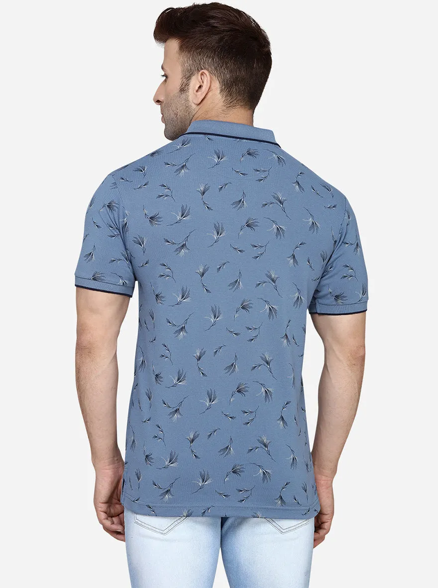 Aqua Blue Printed Slim Fit Polo T-Shirt | Greenfibre