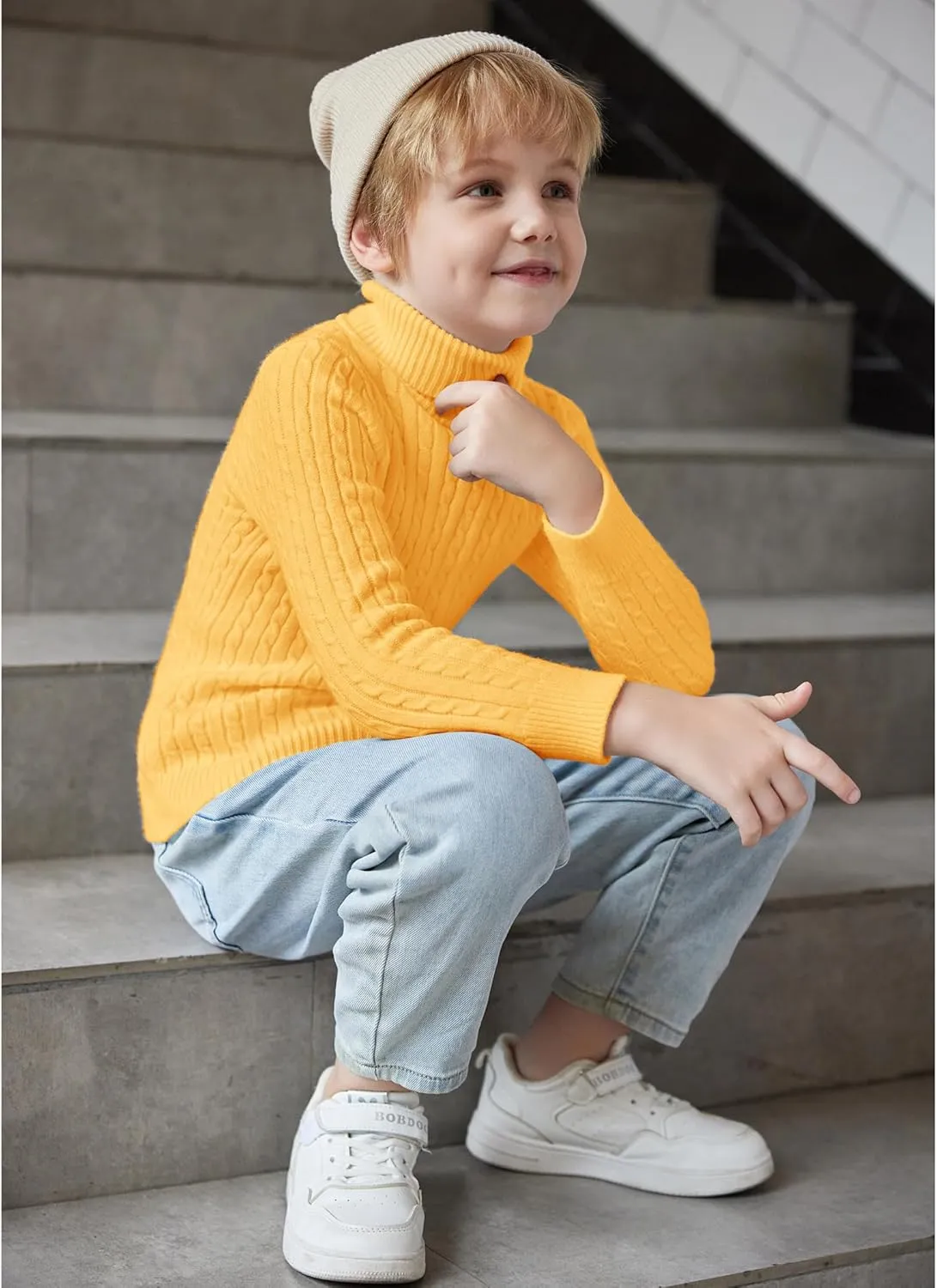 Arshiner Boy's Ribbed Turtleneck Cable Knitted Sweater