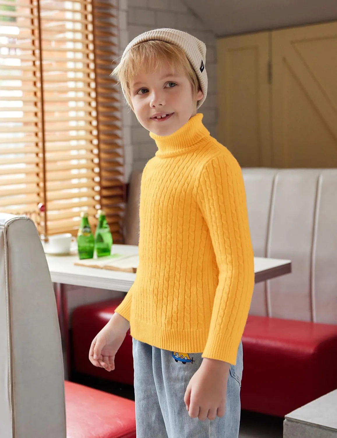 Arshiner Boy's Ribbed Turtleneck Cable Knitted Sweater