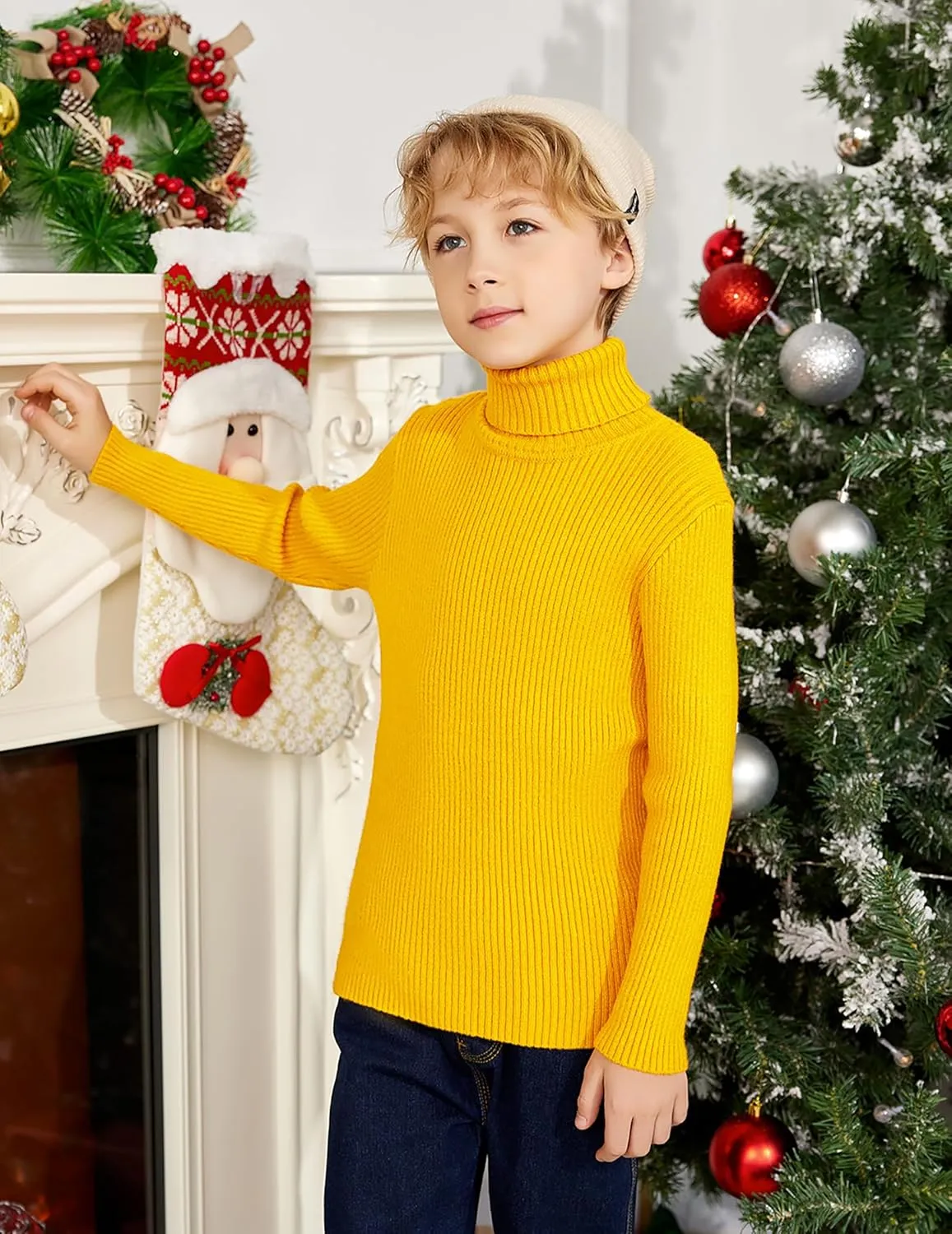 Arshiner Boy's Ribbed Turtleneck Cable Knitted Sweater