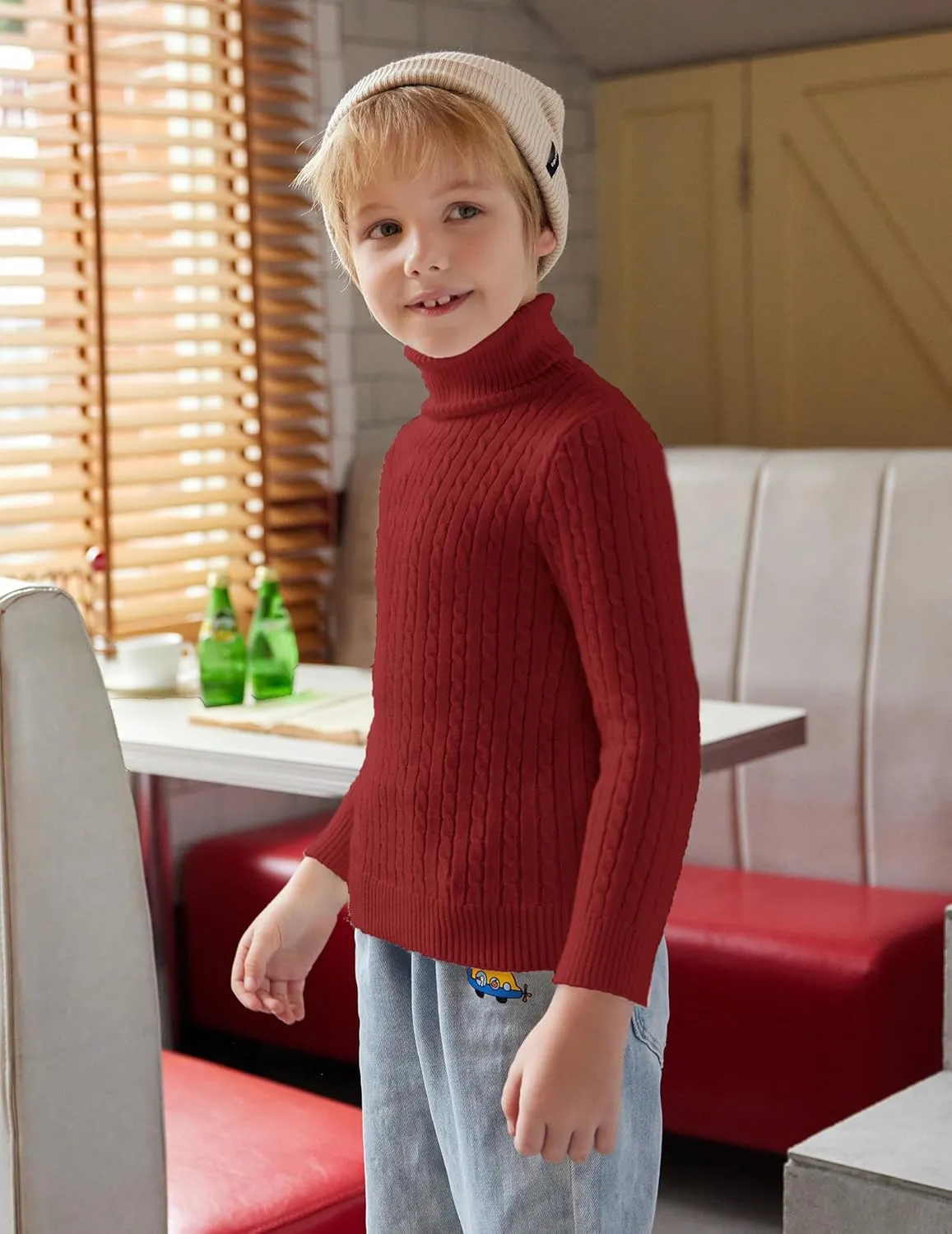 Arshiner Boy's Ribbed Turtleneck Cable Knitted Sweater