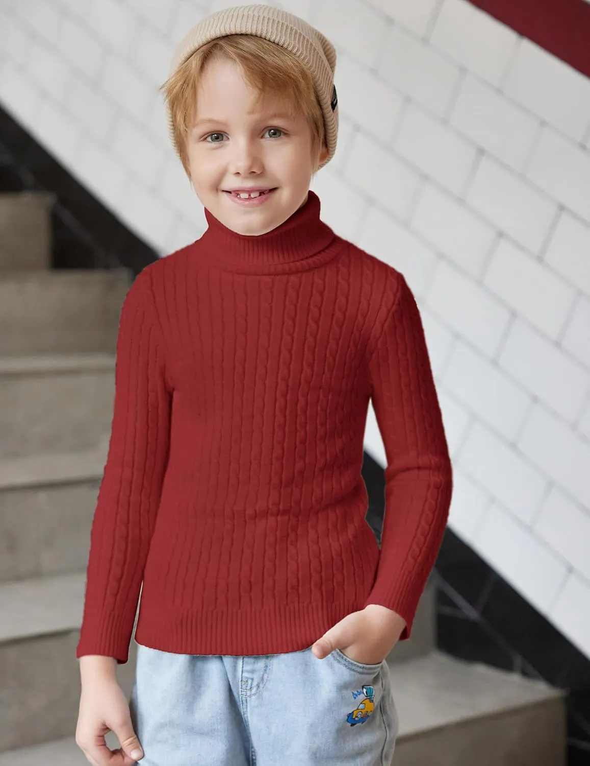 Arshiner Boy's Ribbed Turtleneck Cable Knitted Sweater