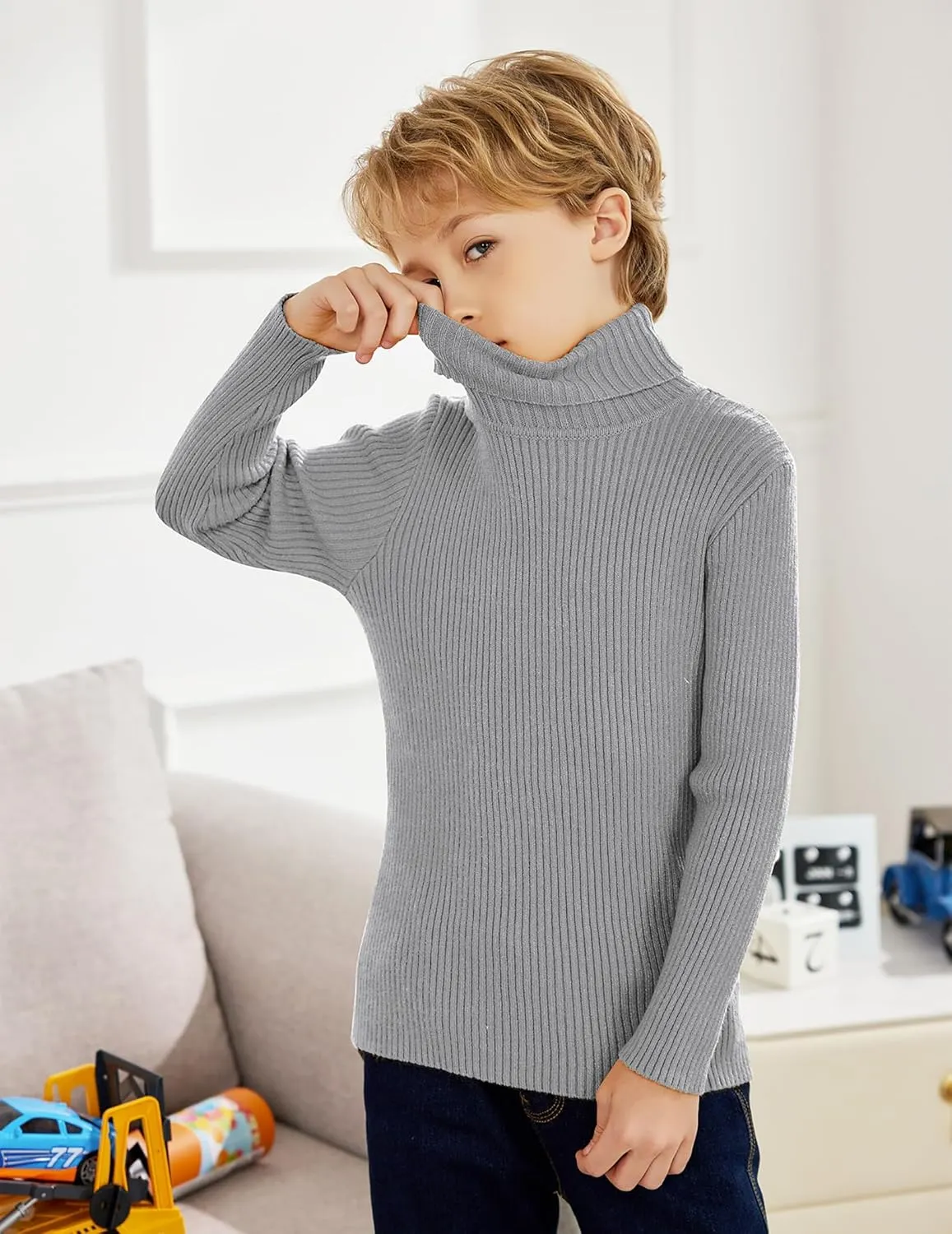 Arshiner Boy's Ribbed Turtleneck Cable Knitted Sweater