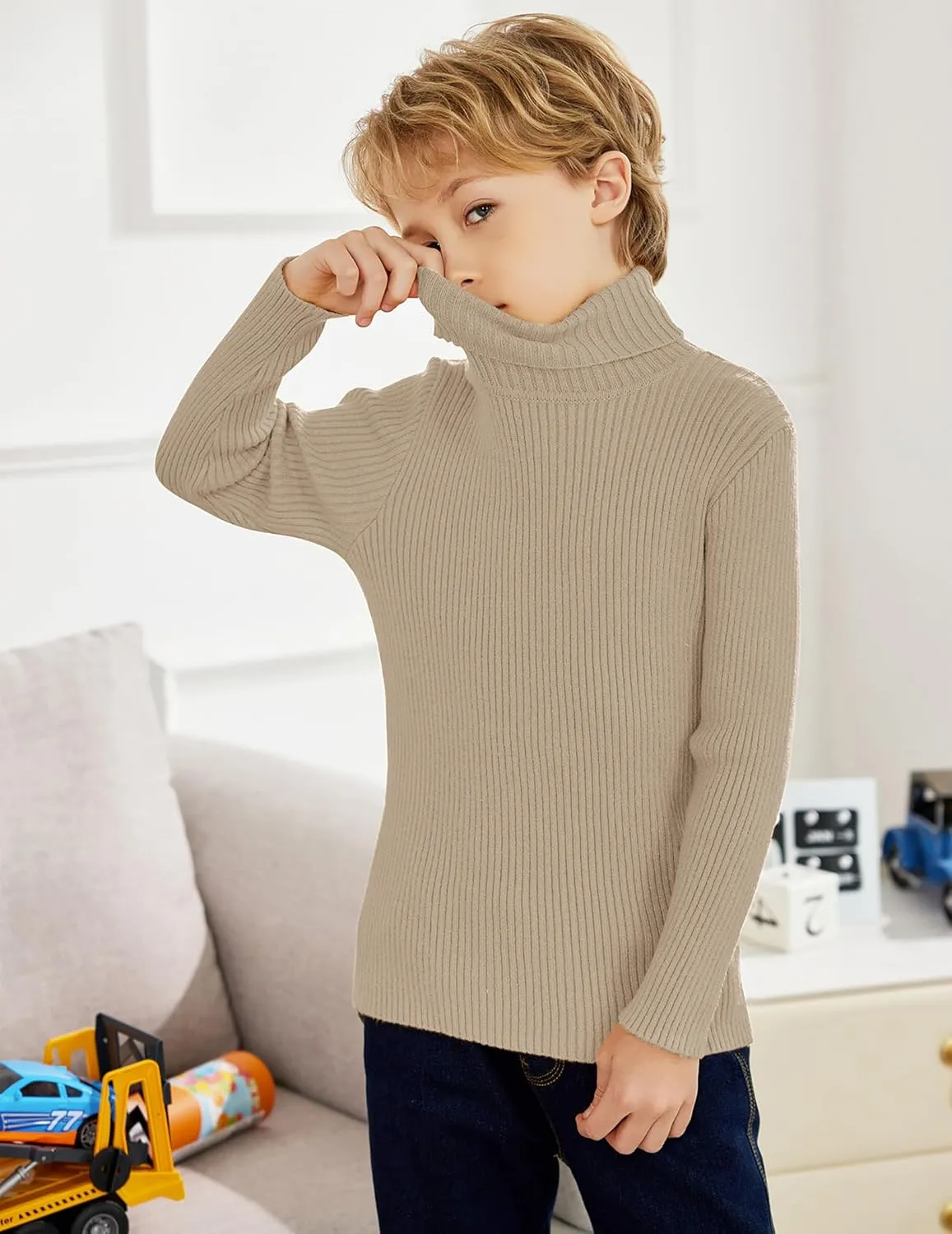 Arshiner Boy's Ribbed Turtleneck Cable Knitted Sweater