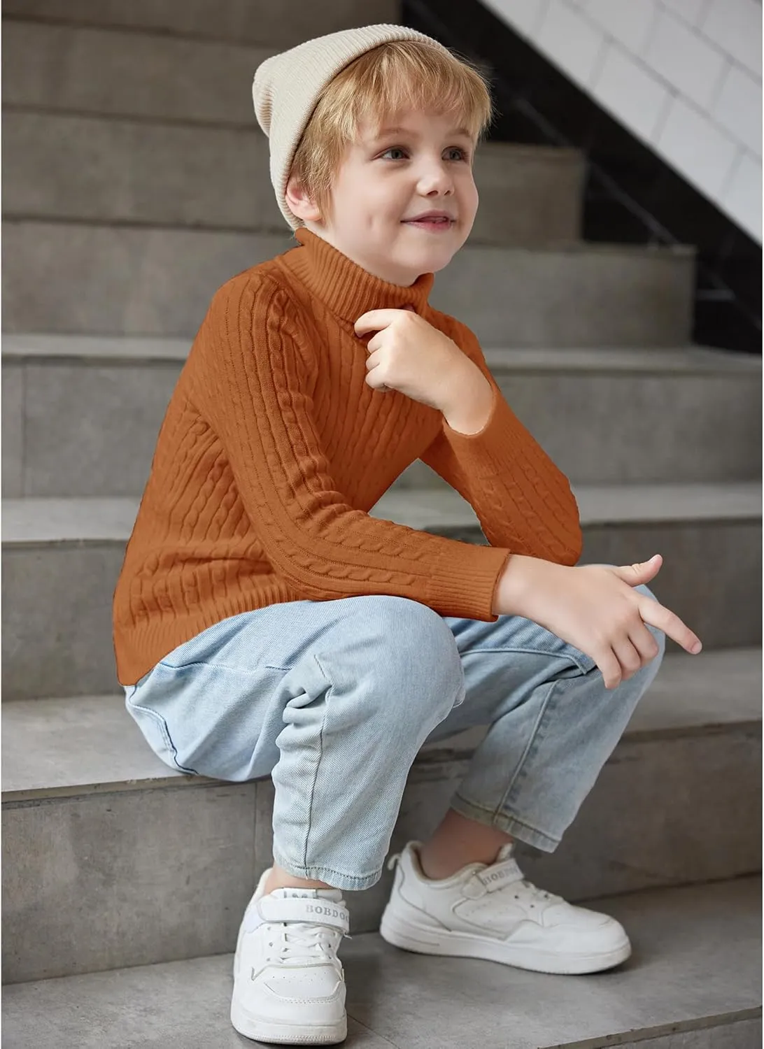 Arshiner Boy's Ribbed Turtleneck Cable Knitted Sweater