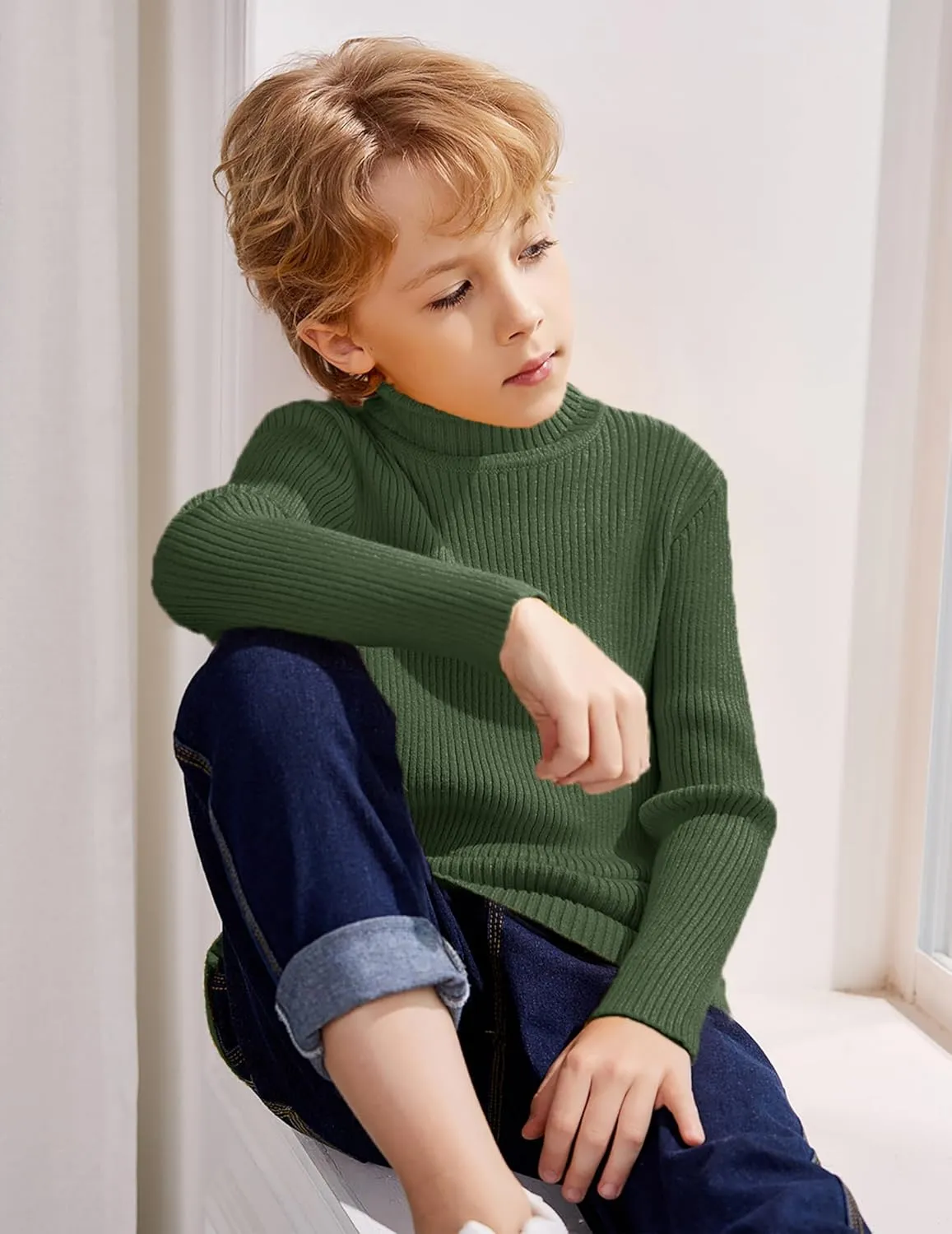 Arshiner Boy's Ribbed Turtleneck Cable Knitted Sweater