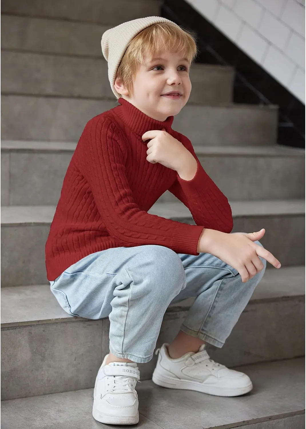 Arshiner Boy's Ribbed Turtleneck Cable Knitted Sweater