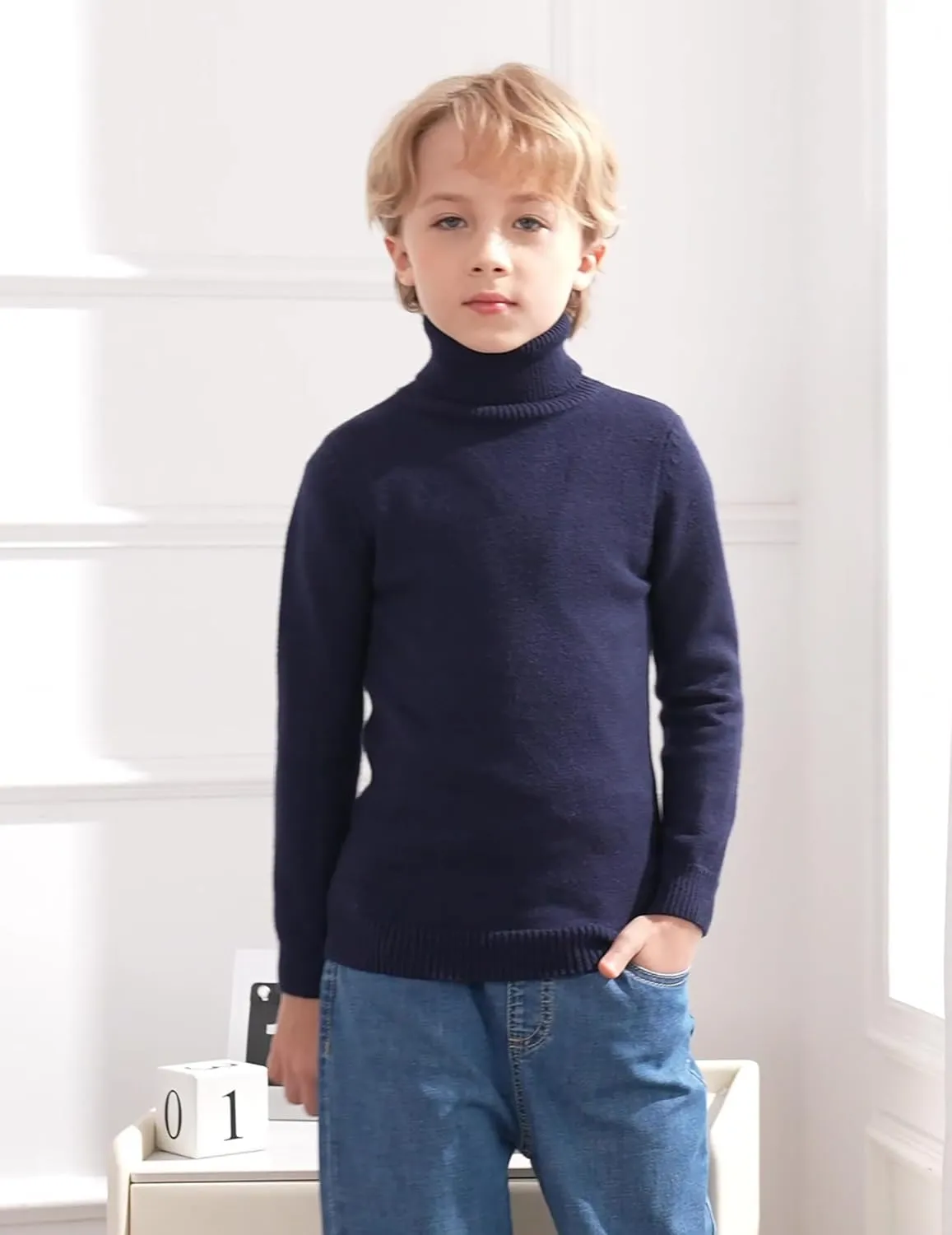 Arshiner Boy's Ribbed Turtleneck Cable Knitted Sweater