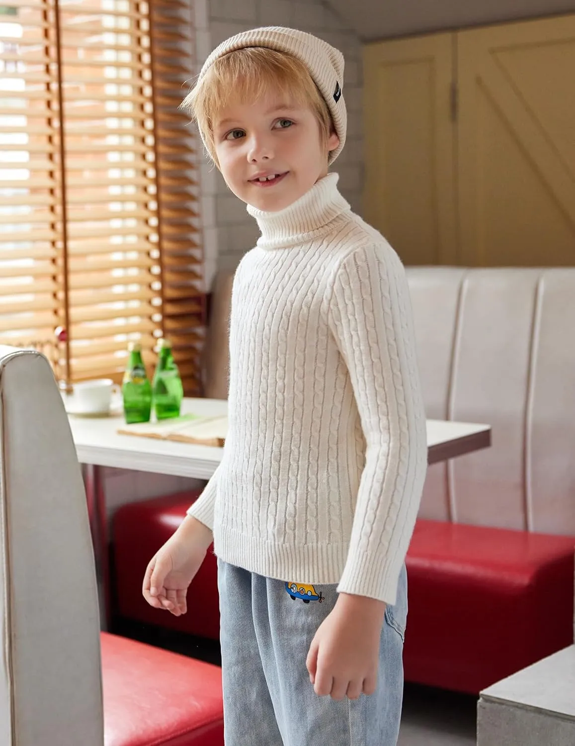 Arshiner Boy's Ribbed Turtleneck Cable Knitted Sweater