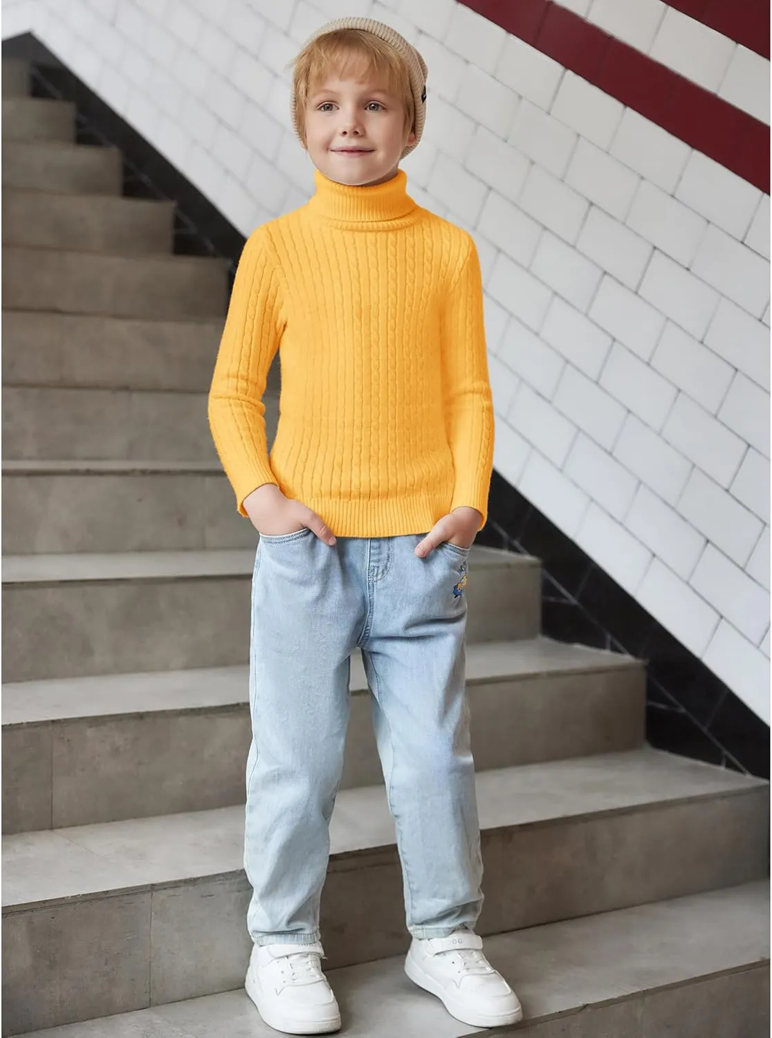 Arshiner Boy's Ribbed Turtleneck Cable Knitted Sweater