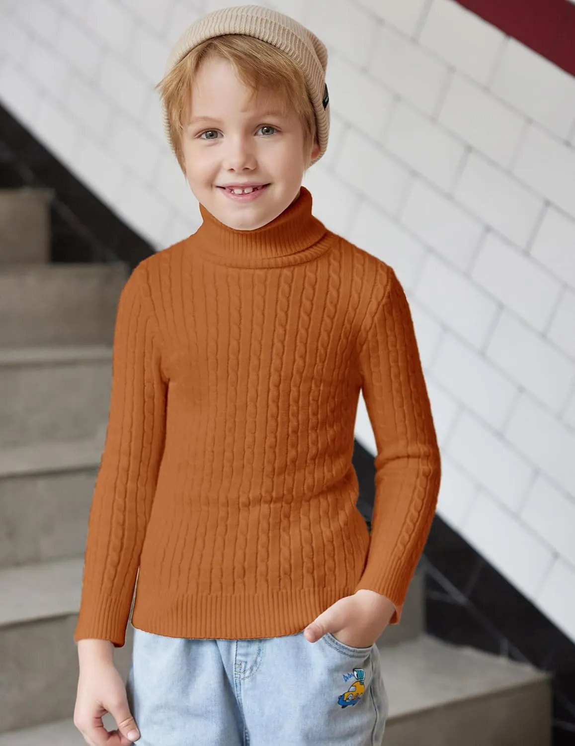 Arshiner Boy's Ribbed Turtleneck Cable Knitted Sweater