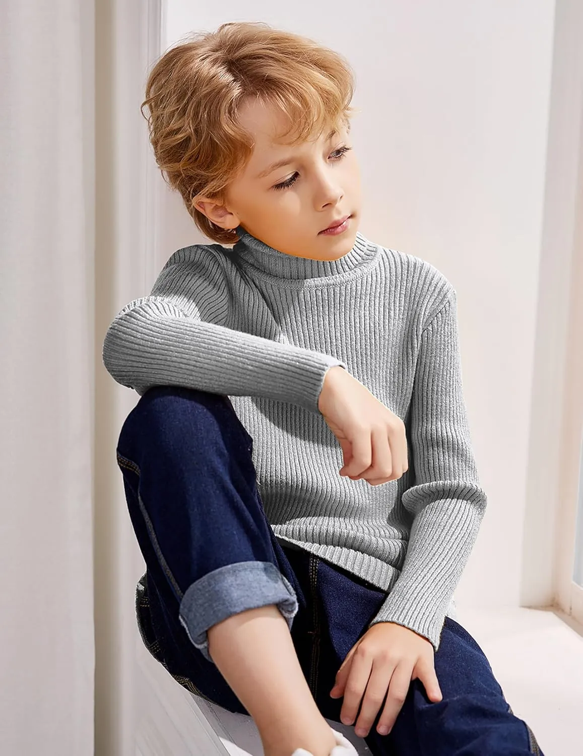 Arshiner Boy's Ribbed Turtleneck Cable Knitted Sweater