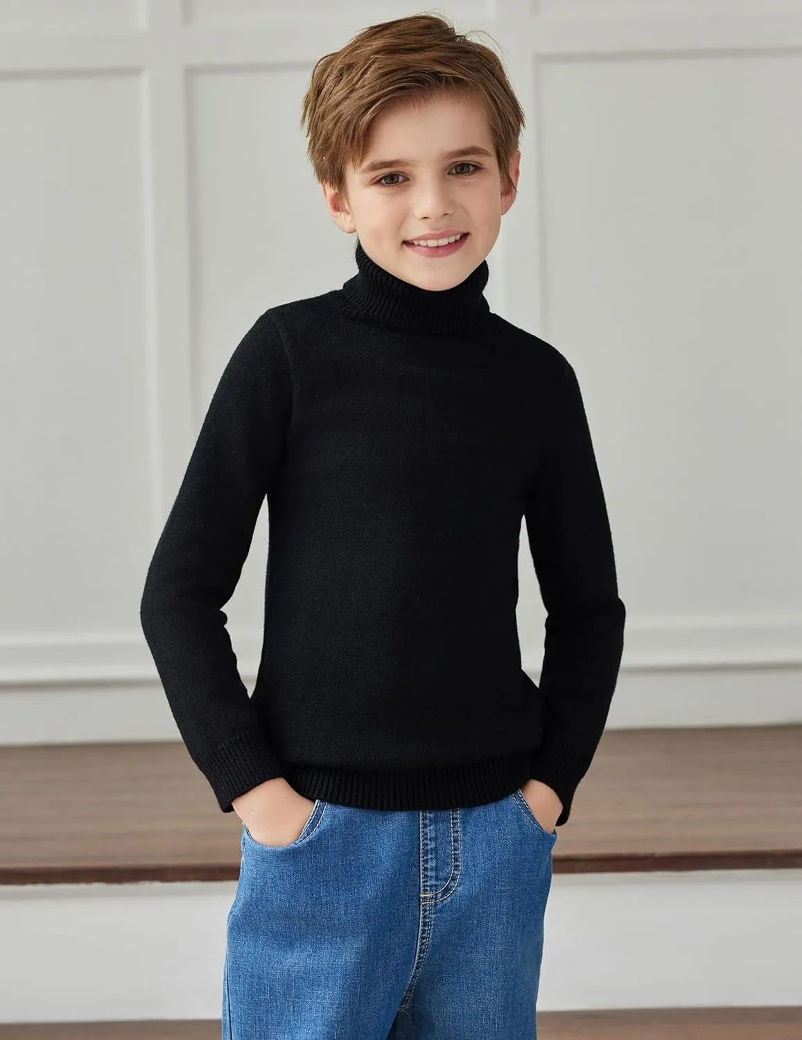 Arshiner Boy's Ribbed Turtleneck Cable Knitted Sweater