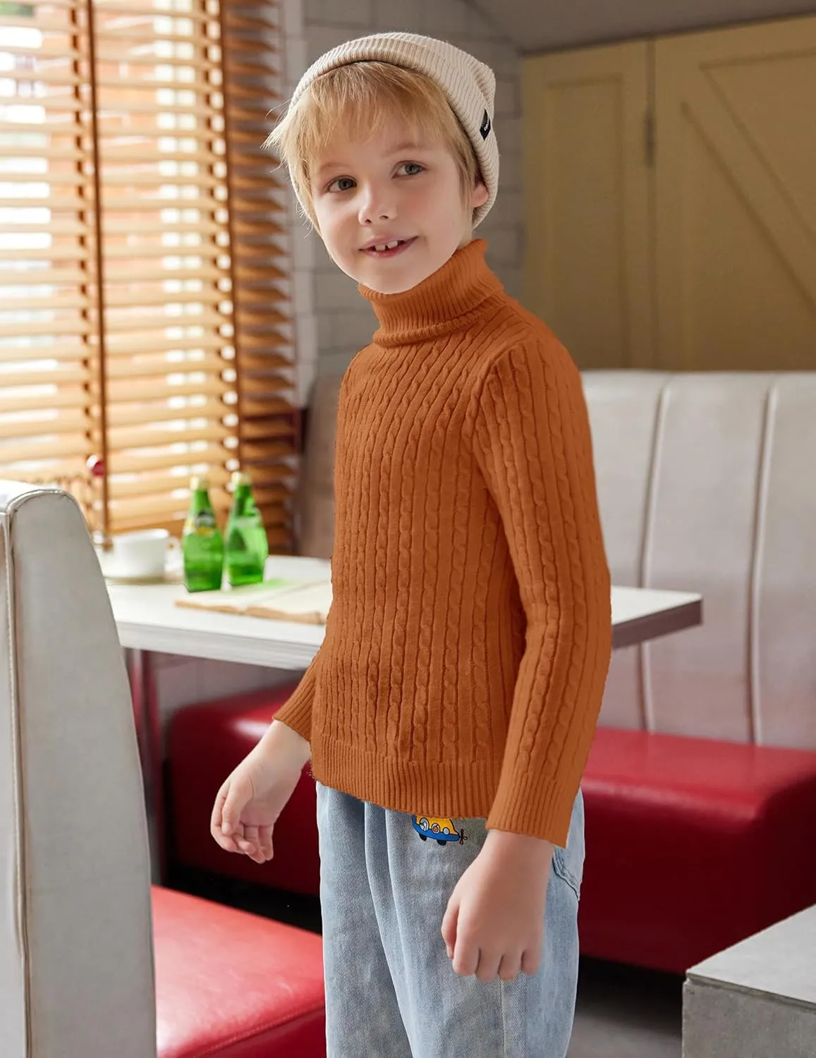 Arshiner Boy's Ribbed Turtleneck Cable Knitted Sweater