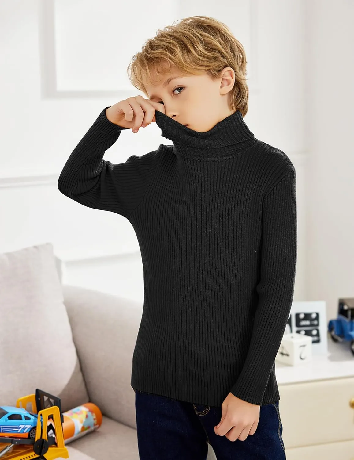 Arshiner Boy's Ribbed Turtleneck Cable Knitted Sweater