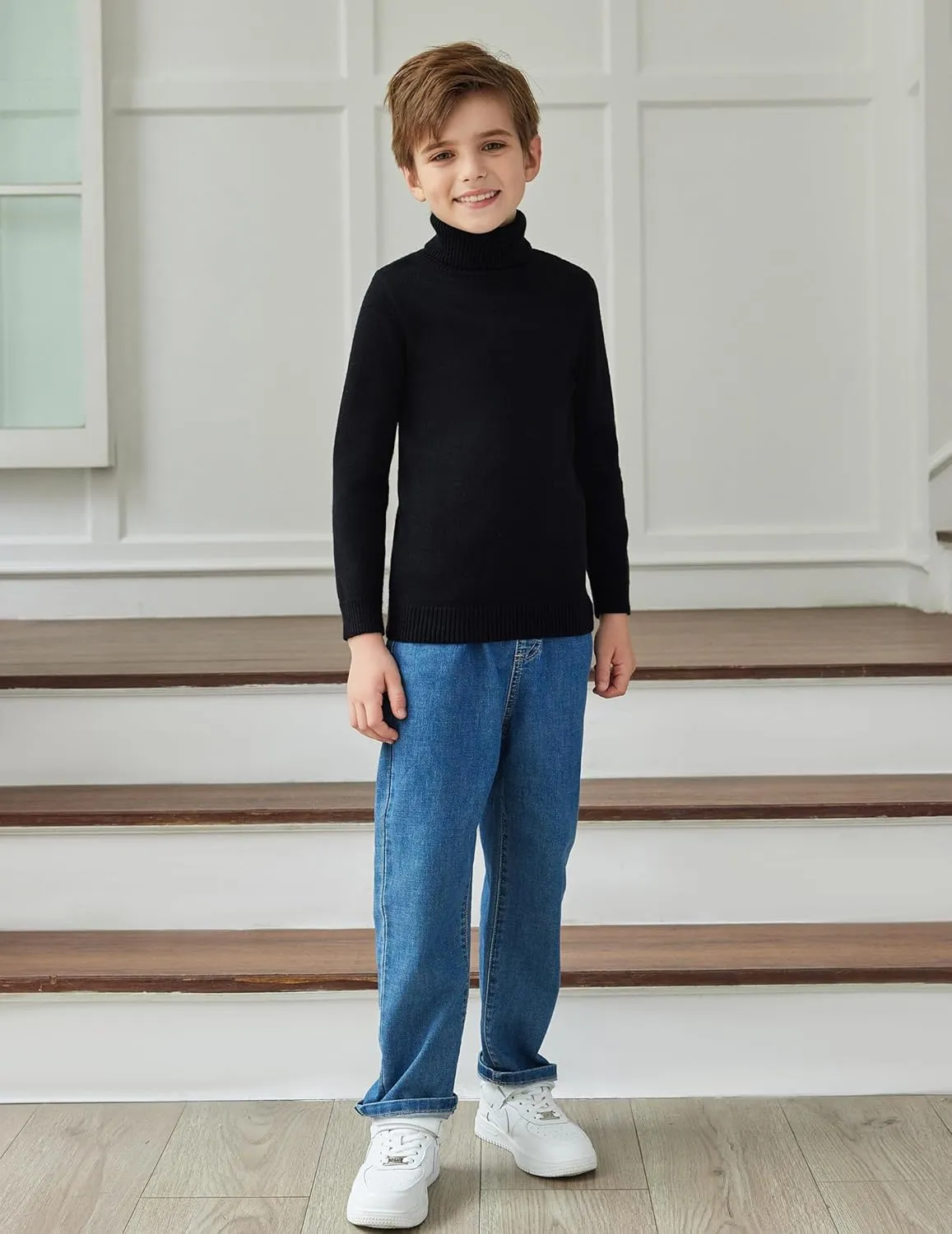 Arshiner Boy's Ribbed Turtleneck Cable Knitted Sweater